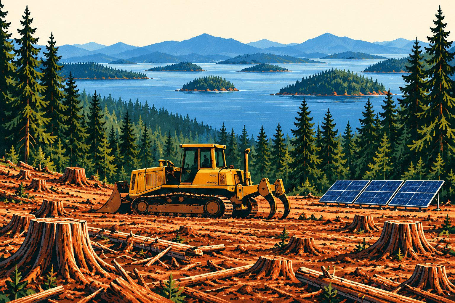 Illustration of a bulldozer with a rear ripper, cut stumps and solar panels beside an island forest and water.